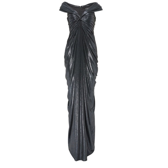 Tadashi Shoji Black Off The Shoulder Ruched Metallic Dress L Gown Gala New - Picture 7 of 8